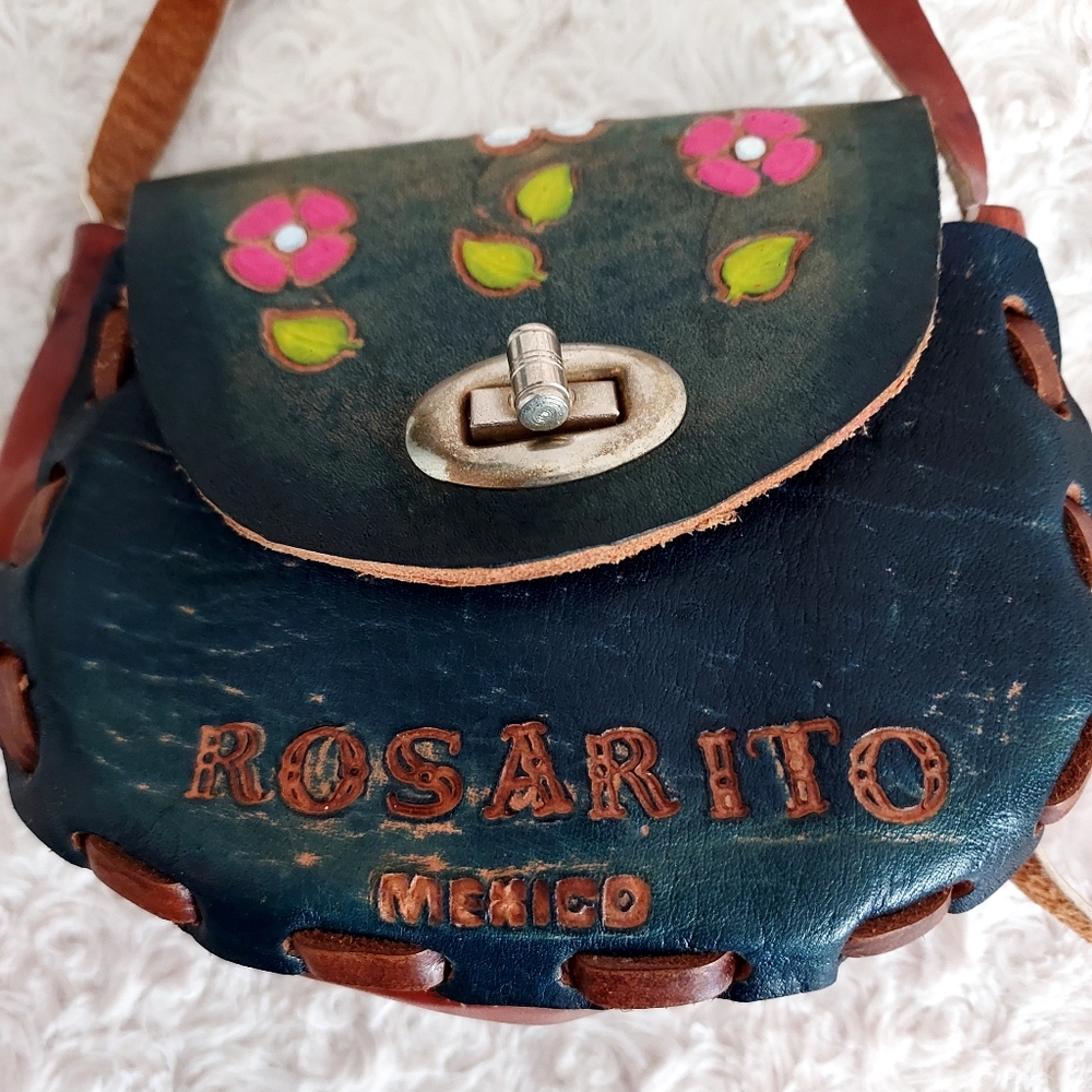 Small handmade leather crossbody purse with floral print Rosarito Mexico Boho